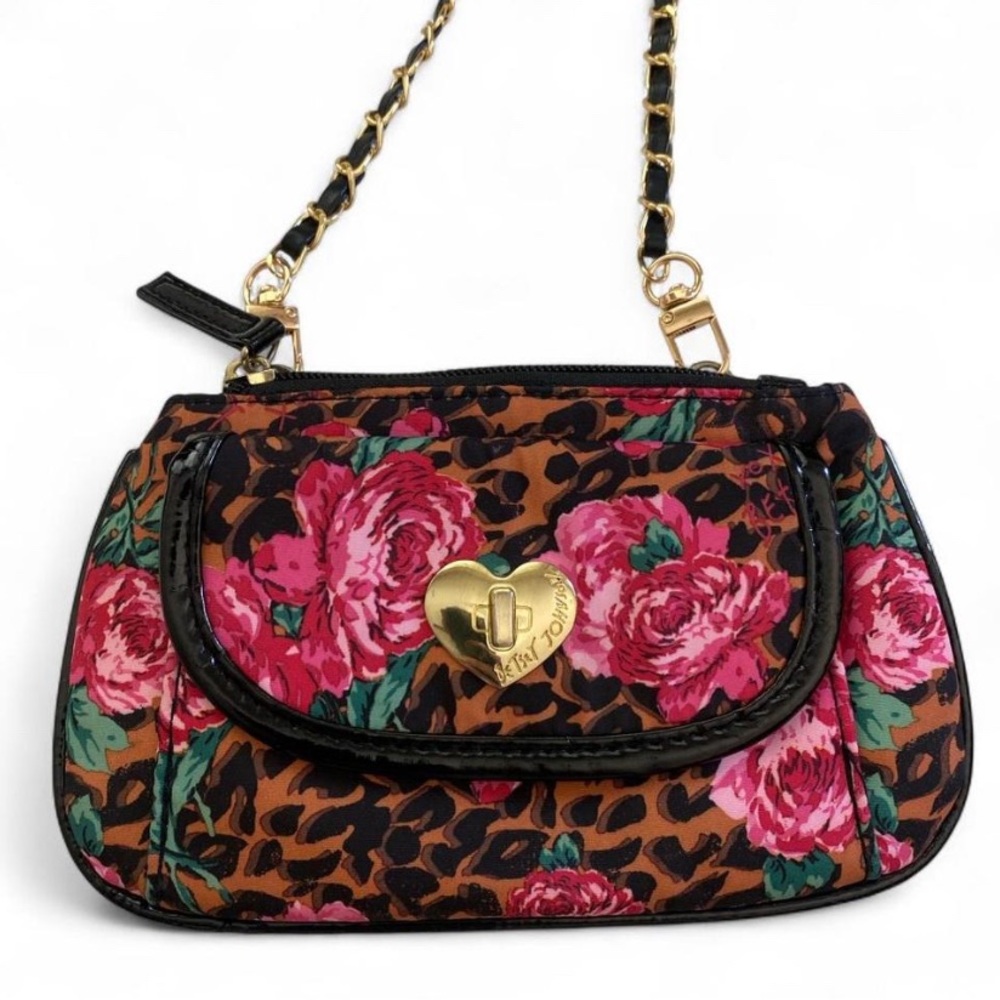 Betsey Johnson Pink Floral Leopard Heart Lock Chain Crossbody